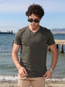 Oversized Κοντομάνικο T-shirt Με V Λαιμό 10-713 Χακί