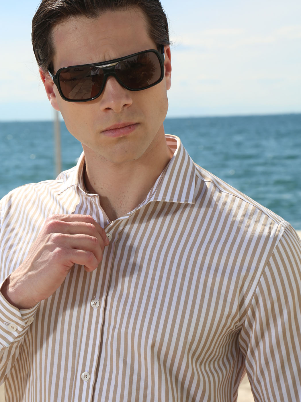 33-7401 BEIGE (1) copy Ανδρικό Slim Ριγέ Πουκάμισο SILVANO 33-7401 Λευκό/Μπεζ Slim-fit - Image 1