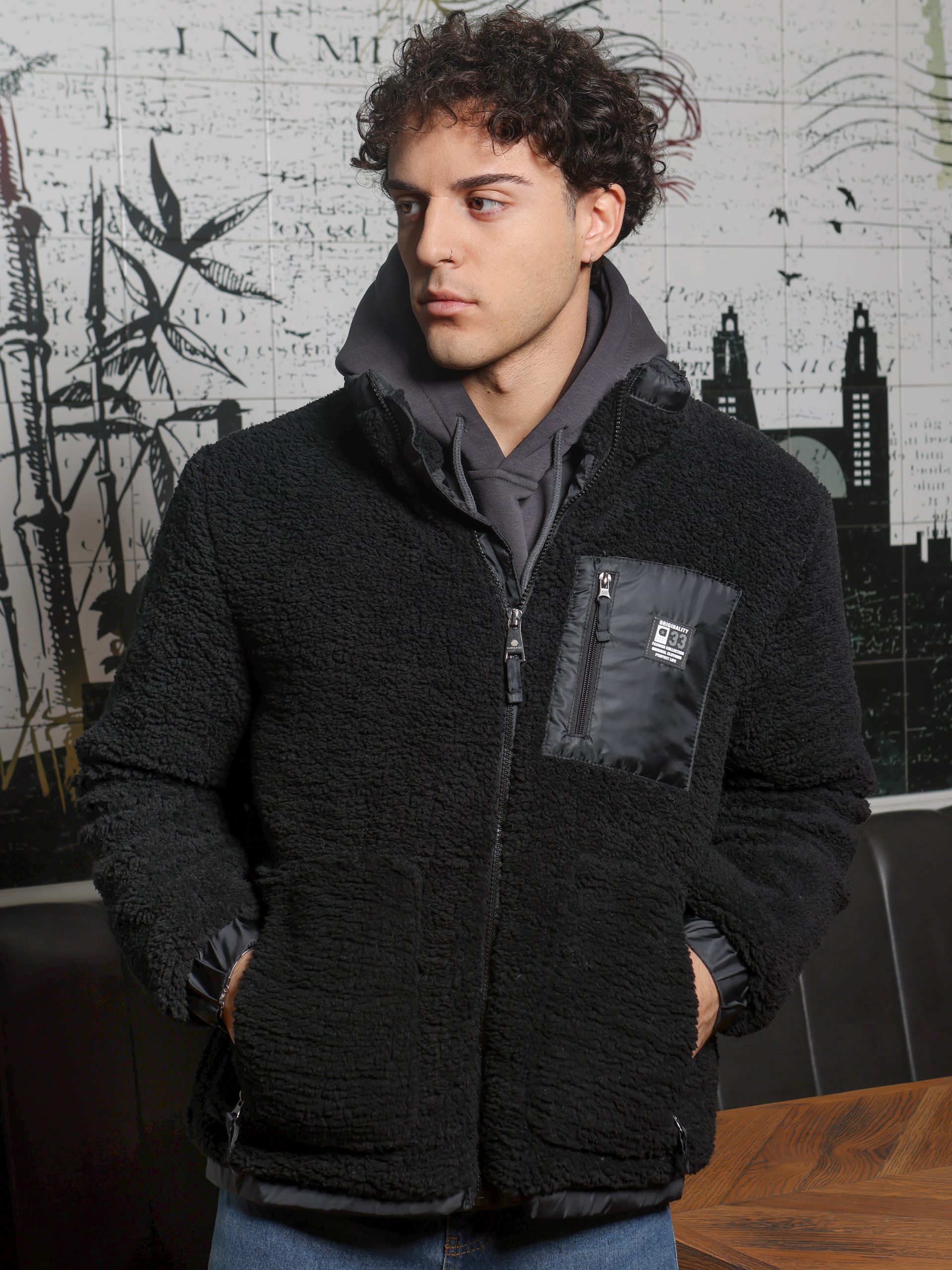 0126 Ανδρικό Κοντό Teddy Bear Jacket Μπουφάν 20-140 Μαύρο - Image 1