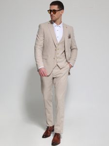 Λινό Κοστούμι Με Γιλέκο RENZO 2018 Μπεζ
