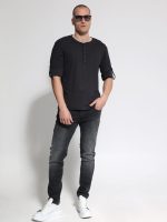 Ανδρικό T-Shirt Με Κουμπάκια & Μανίκι 3/4 TANO 207083 Μαύρο - Image 2