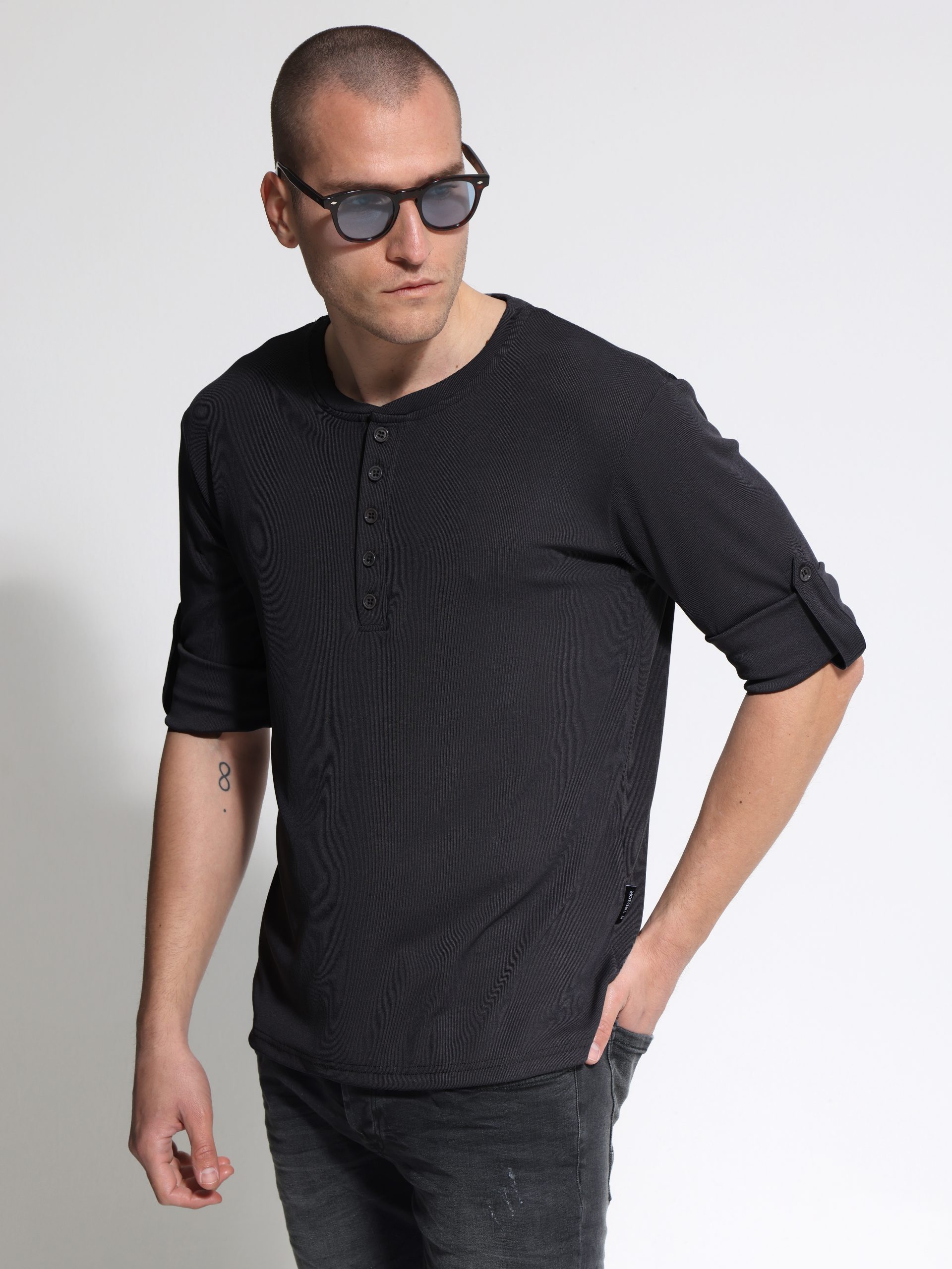 1X9A6275 copy Ανδρικό T-Shirt Με Κουμπάκια & Μανίκι 3/4 TANO 207083 Μαύρο - Image 1