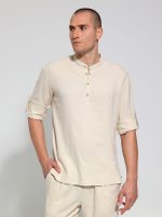 Λινή Πουκαμίσα Μακρύ Μανίκι Slim-fit SANTINO 33-7510 Μπεζ - Image 3