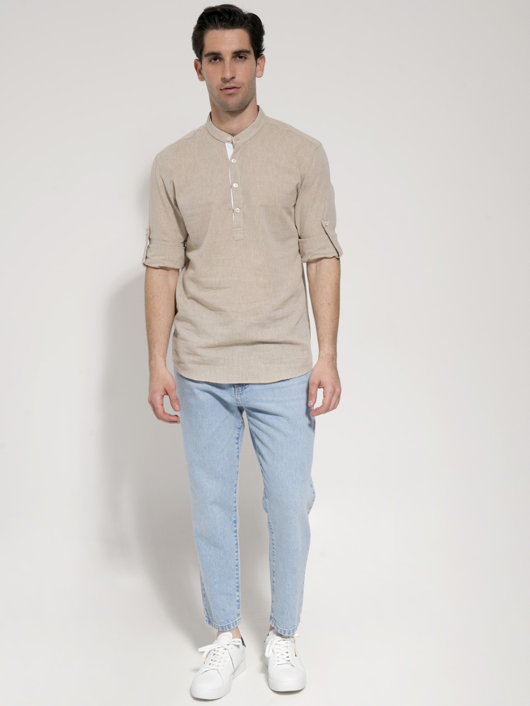 1152 Ανδρικό Λινό Πουκάμισο Slim 33-6116 Μπεζ - Image 1