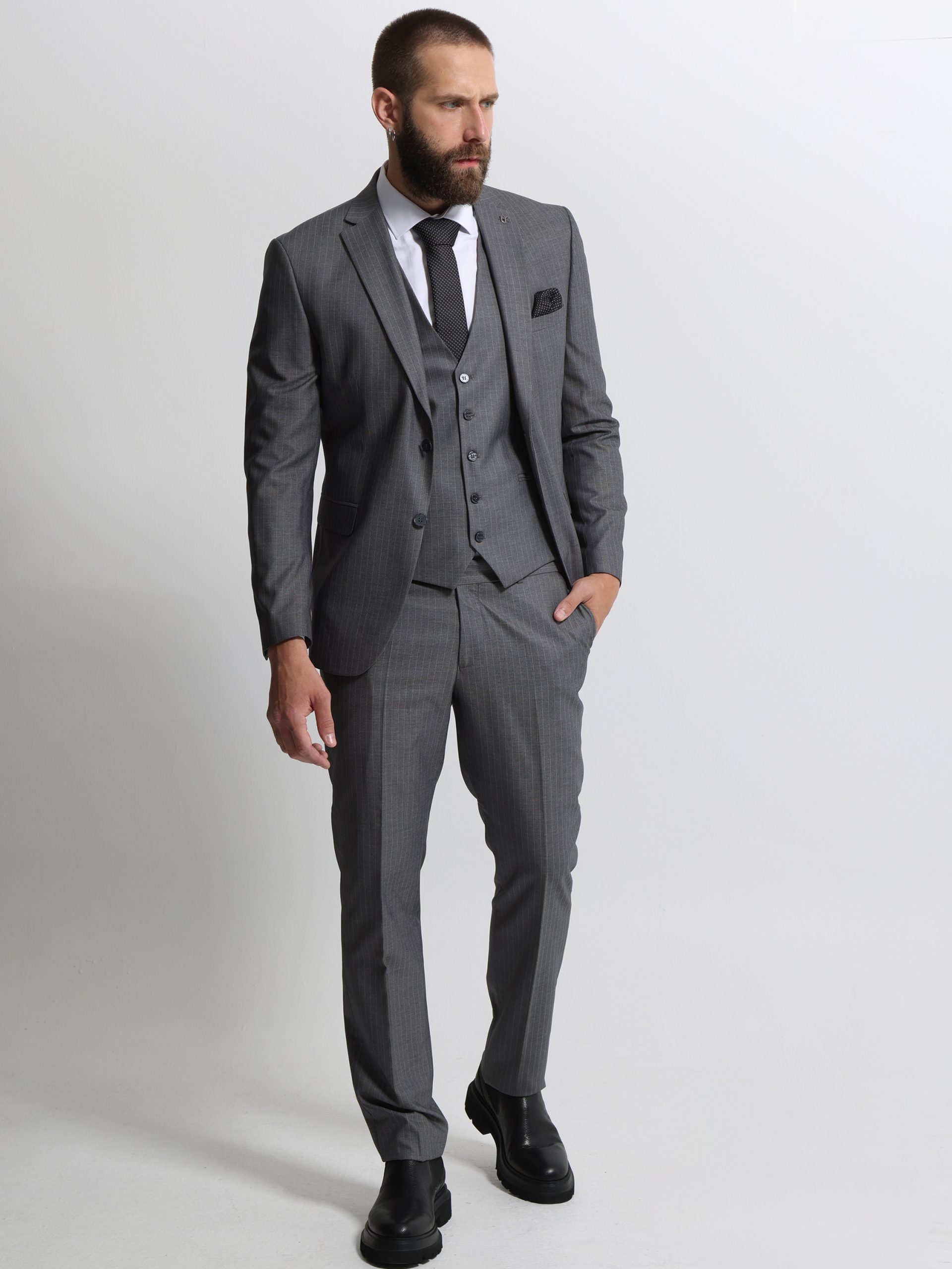under0309 Ανδρικό Ριγέ Κοστούμι Με Γιλέκο ANTONIO 2027 Grey - Image 1
